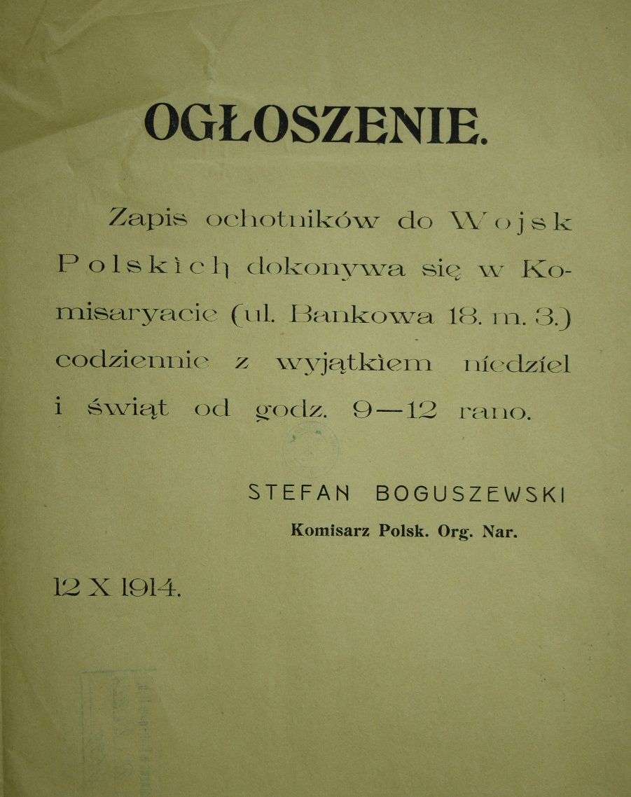 Ogłoszenie o zaciągu do „Wojsk Polskich”, Piotrków 12.10.1914 r.